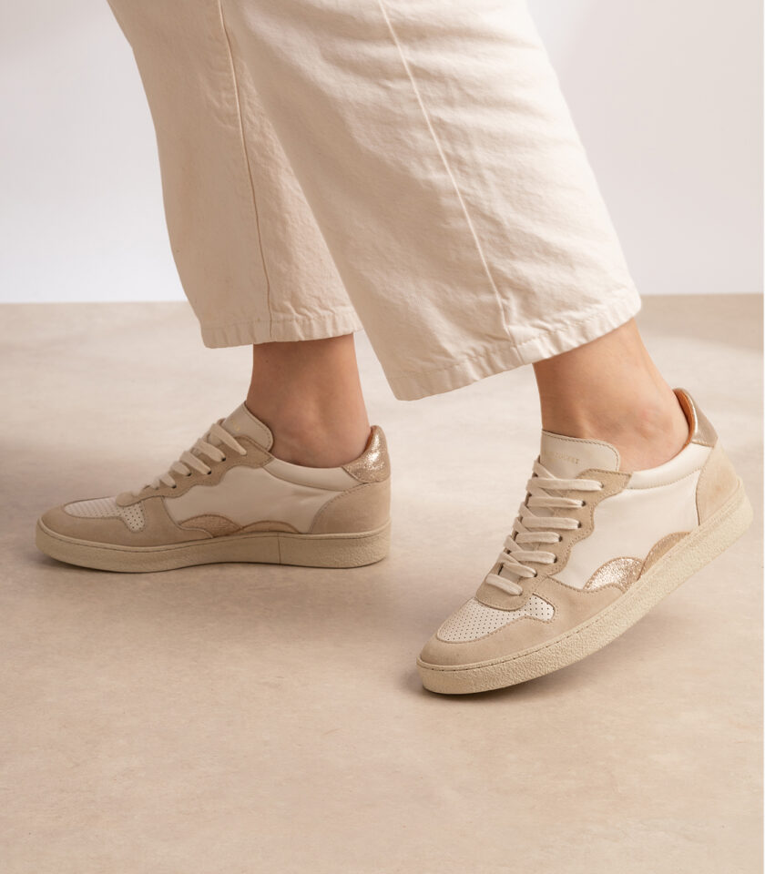 CARRE BASKETS CONFORTABLE CRÈME CUIR LISSE DORÉ PAILLETÉ LISA