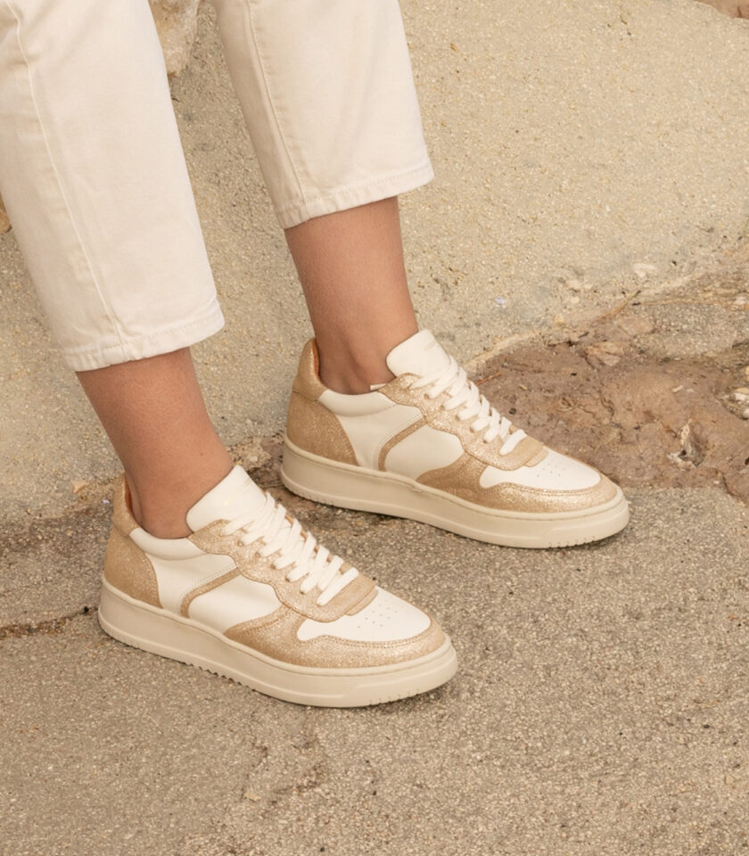 CARRE BASKETS CONFORTABLE DORÉ MÉTALLISÉ CRÈME CUIR ARMELLE