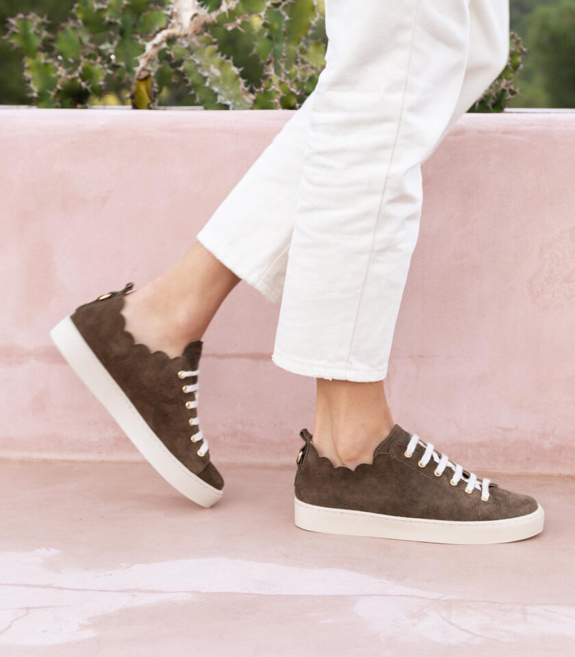 CARRE BASKETS CONFORTABLE KAKI CUIR VELOURS JULIE