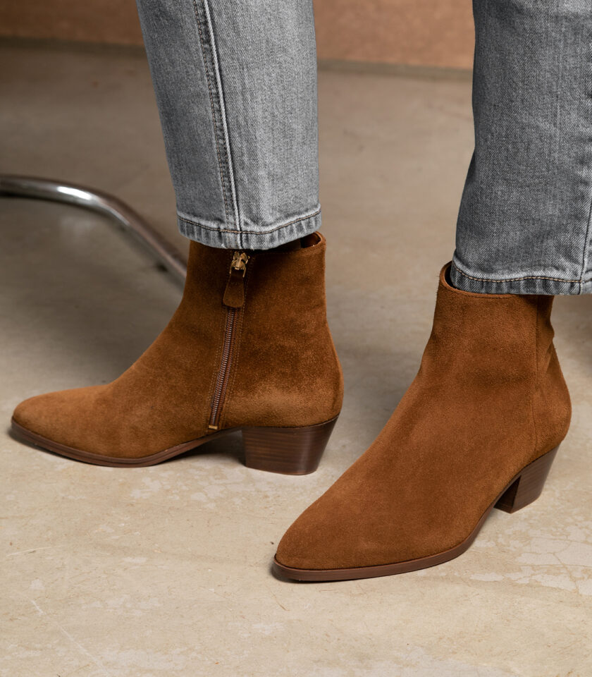 CARRE BOTTINES CONFORTABLE COGNAC CUIR VELOURS SOLINE