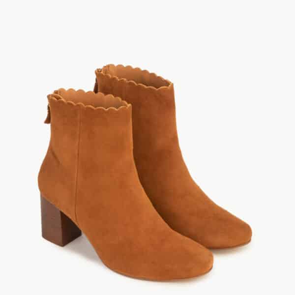 CARRE BOTTINES TALON CONFORTABLE COGNAC CUIR VELOURS GISELLE