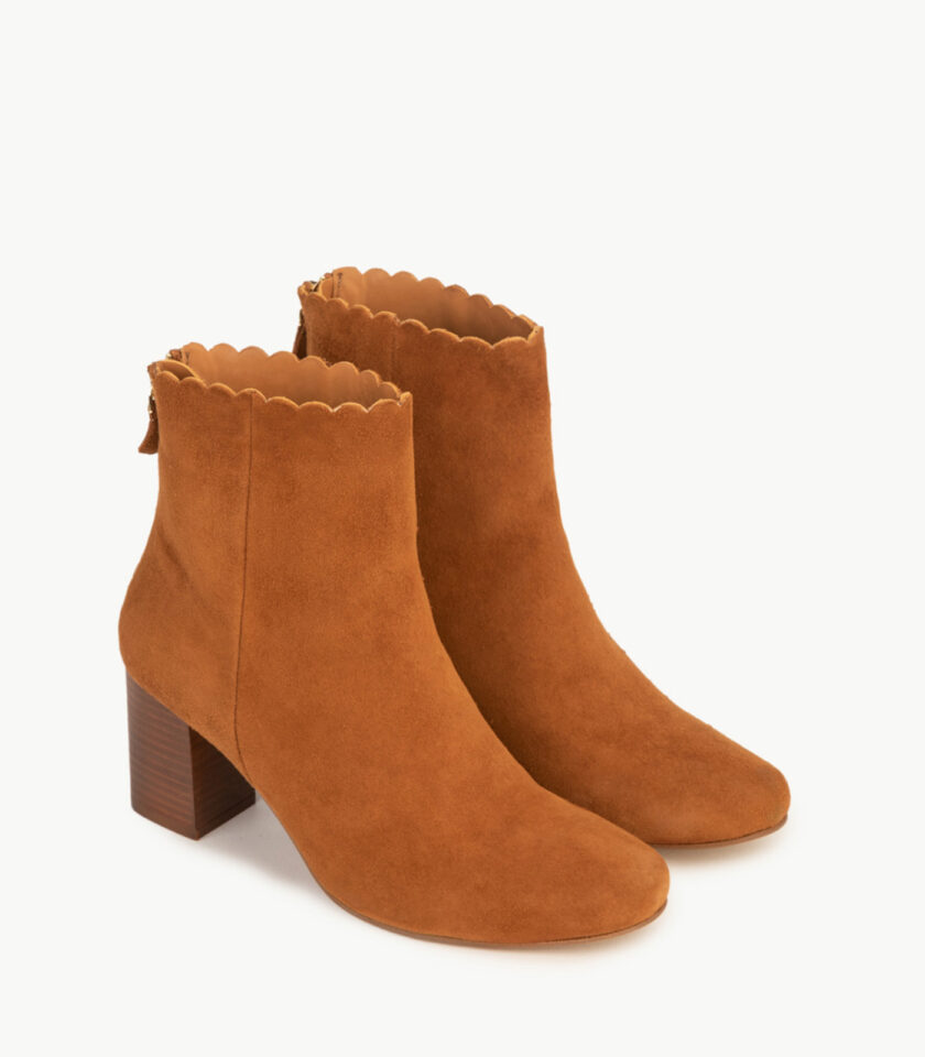 CARRE BOTTINES TALON CONFORTABLE COGNAC CUIR VELOURS GISELLE