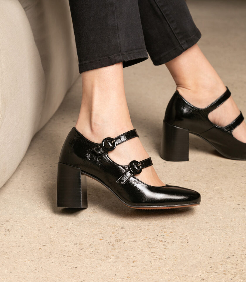 CARRE ESCARPINS CONFORTABLE NOIR CUIR BRILLANT EFFET FROISSÉ APPOLINE