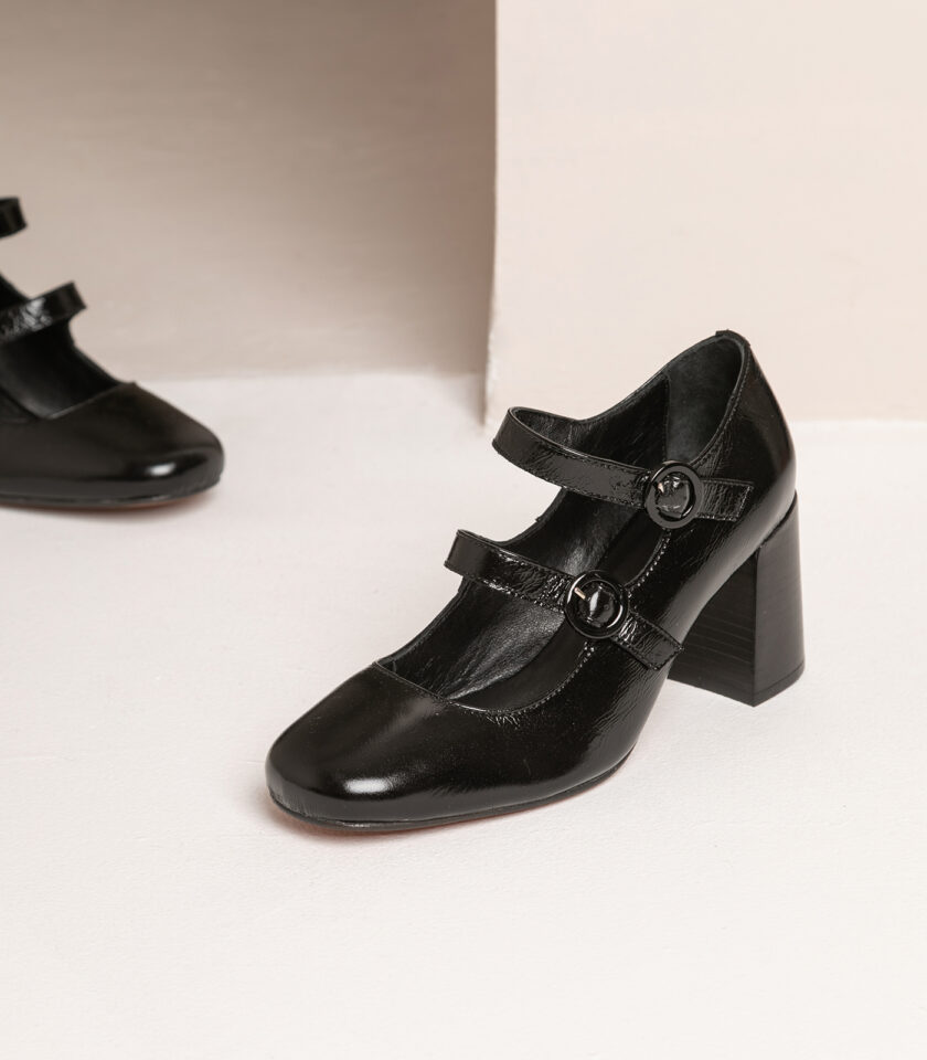 CARRE ESCARPINS CONFORTABLE NOIR CUIR BRILLANT EFFET FROISSÉ APPOLINE