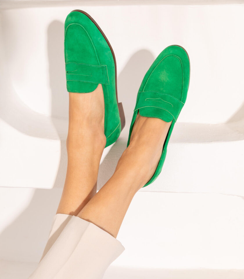CARRE MOCASSINS CONFORTABLE VERT CUIR VELOURS HANNA