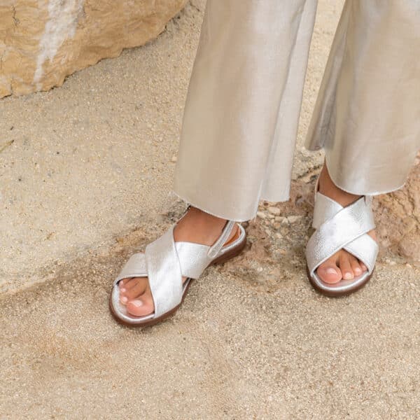 CARRE SANDALES CONFORTABLE ARGENT CUIR PAILLETÉ AXELLE