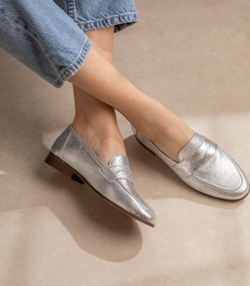 CARRE SANDALES CONFORTABLE ARGENT PAILLETÉ CUIR HANNA