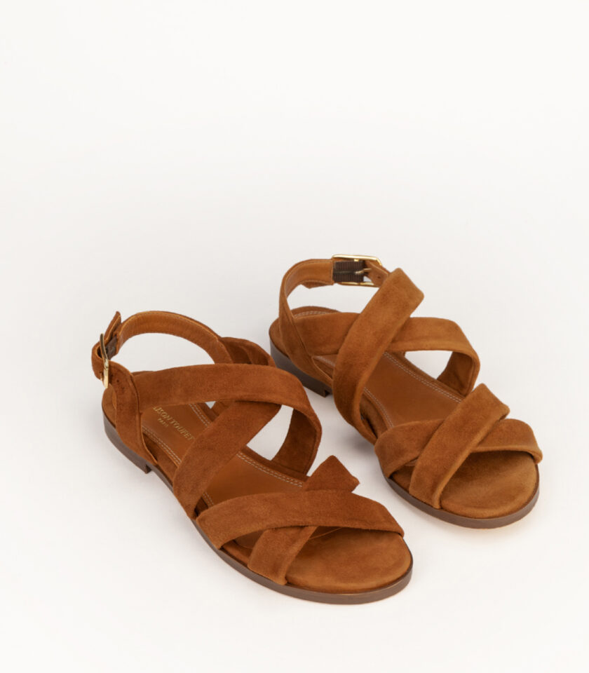 CARRE SANDALES CONFORTABLE COGNAC CHÉVRE VELOURS FARAH