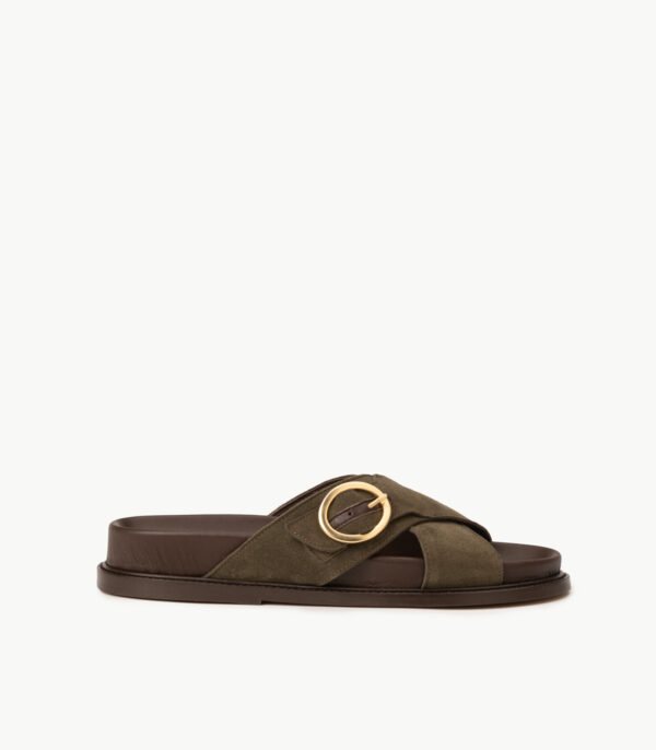 BELINDA COMFORTABLE SQUARE-TOE SANDALS IN KHAKI SUEDE LEATHER