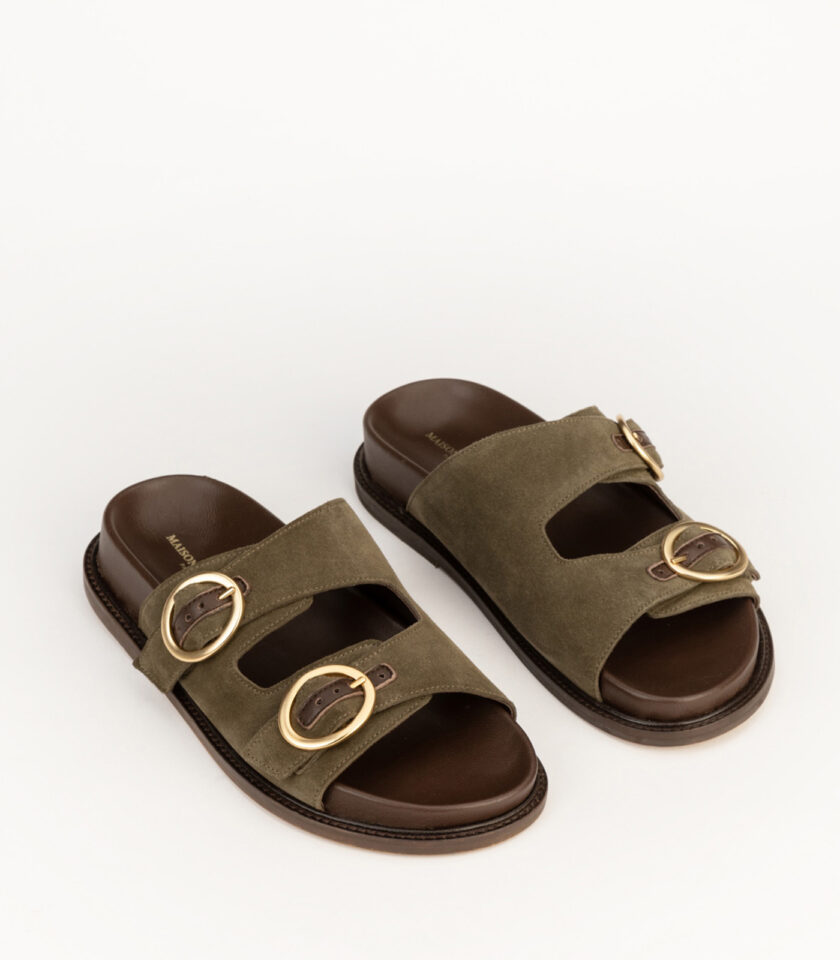 CARRE SANDALES CONFORTABLE KAKI CUIR VELOURS BONNIE