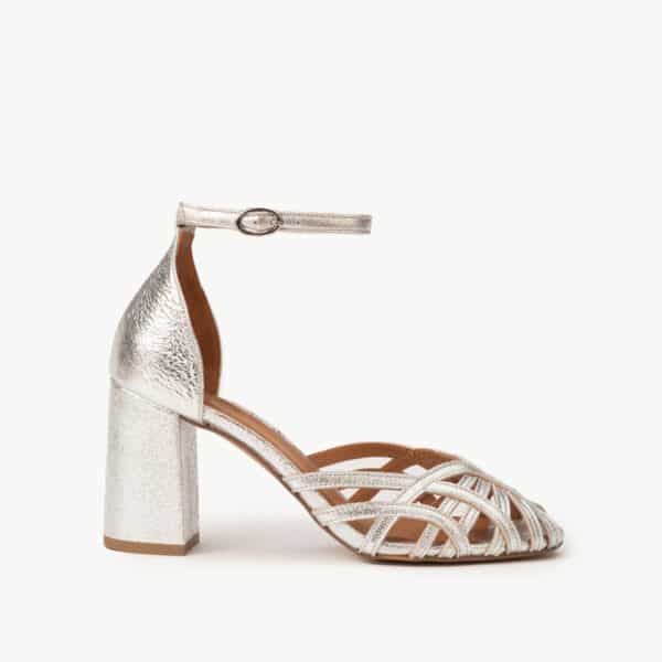 CARRE SANDALES TALON CONFORTABLE ARGENT CUIR PAILLETÉ ORNELLA