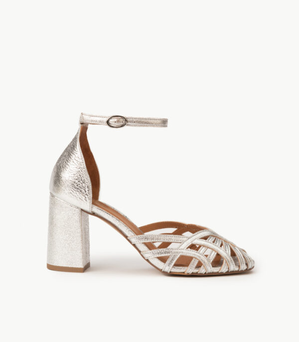 CARRE SANDALES TALON CONFORTABLE ARGENT CUIR PAILLETÉ ORNELLA