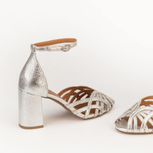 CARRE SANDALES TALON CONFORTABLE ARGENT CUIR PAILLETÉ ORNELLA