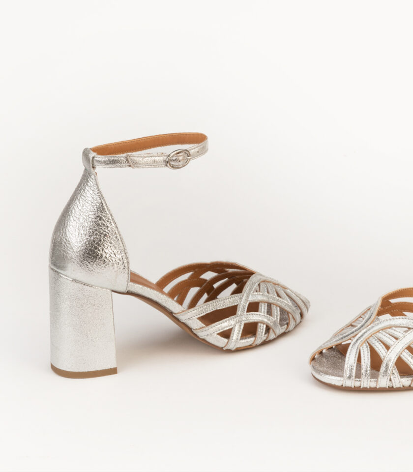CARRE SANDALES TALON CONFORTABLE ARGENT CUIR PAILLETÉ ORNELLA