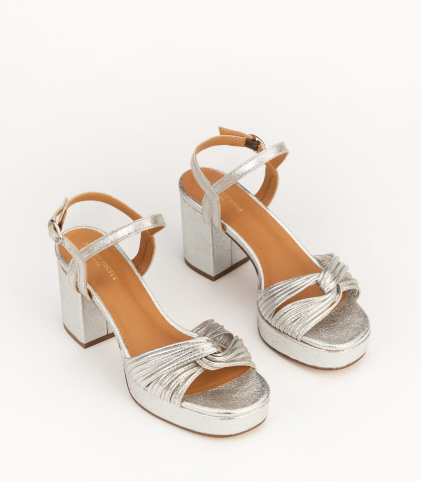 CARRE SANDALES TALON CONFORTABLE ARGENT PAILLETÉ CUIR MARION