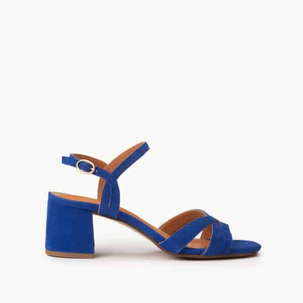 CARRE SANDALES TALON CONFORTABLE BLEU ELECTRIQUE CUIR VELOURS GARANCE