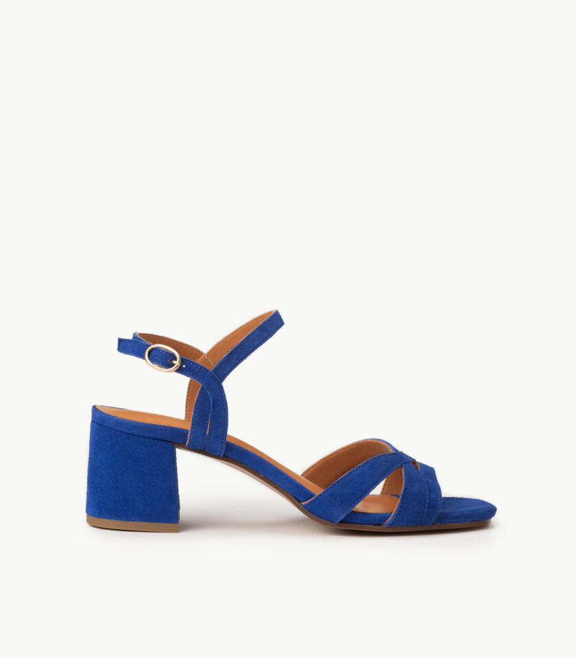 CARRE SANDALES TALON CONFORTABLE BLEU ELECTRIQUE CUIR VELOURS GARANCE