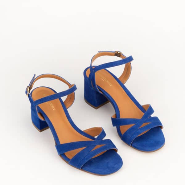 CARRE SANDALES TALON CONFORTABLE BLEU ELECTRIQUE CUIR VELOURS GARANCE