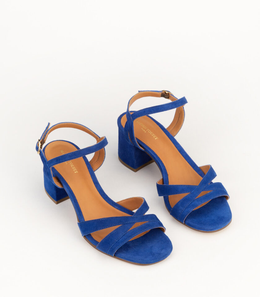 CARRE SANDALES TALON CONFORTABLE BLEU ELECTRIQUE CUIR VELOURS GARANCE