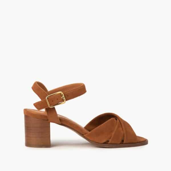 CARRE SANDALES TALON CONFORTABLE COGNAC CUIR VELOURS ANTOINETTE