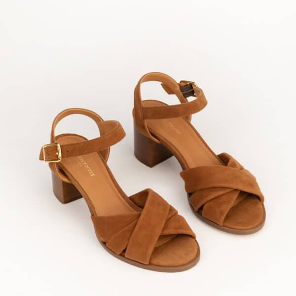 CARRE SANDALES TALON CONFORTABLE COGNAC CUIR VELOURS ANTOINETTE
