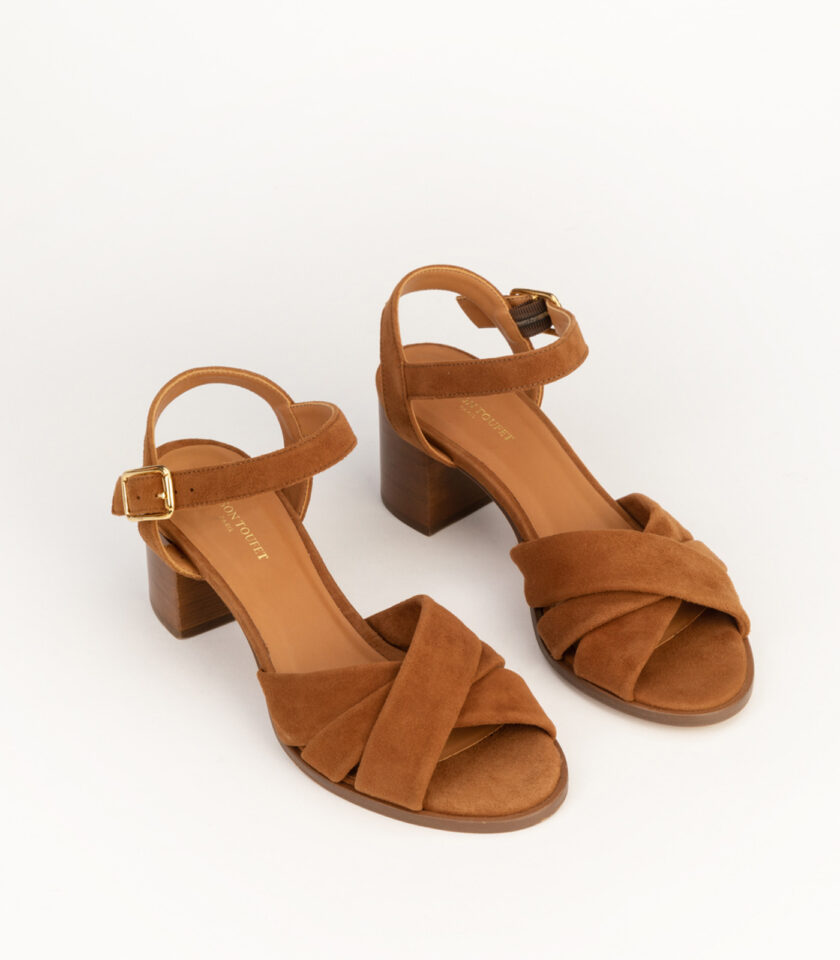 CARRE SANDALES TALON CONFORTABLE COGNAC CUIR VELOURS ANTOINETTE