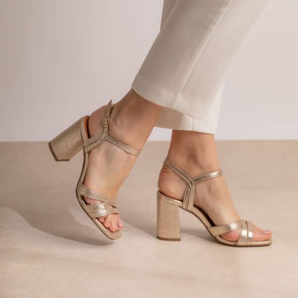 CARRE SANDALES TALON CONFORTABLE DORÉ PAILLETÉ CUIR GAÏA