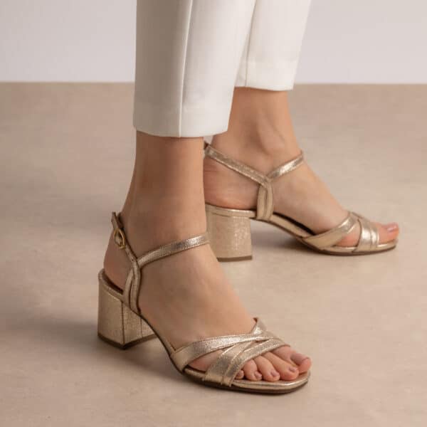 CARRE SANDALES TALON CONFORTABLE DORÉ PAILLETÉ CUIR GARANCE