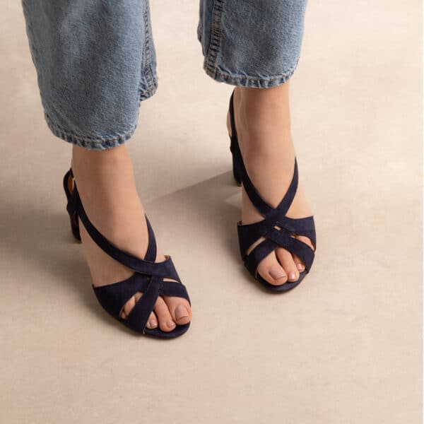 CARRE SANDALES TALON CONFORTABLE MARINE CUIR VELOURS LILLY
