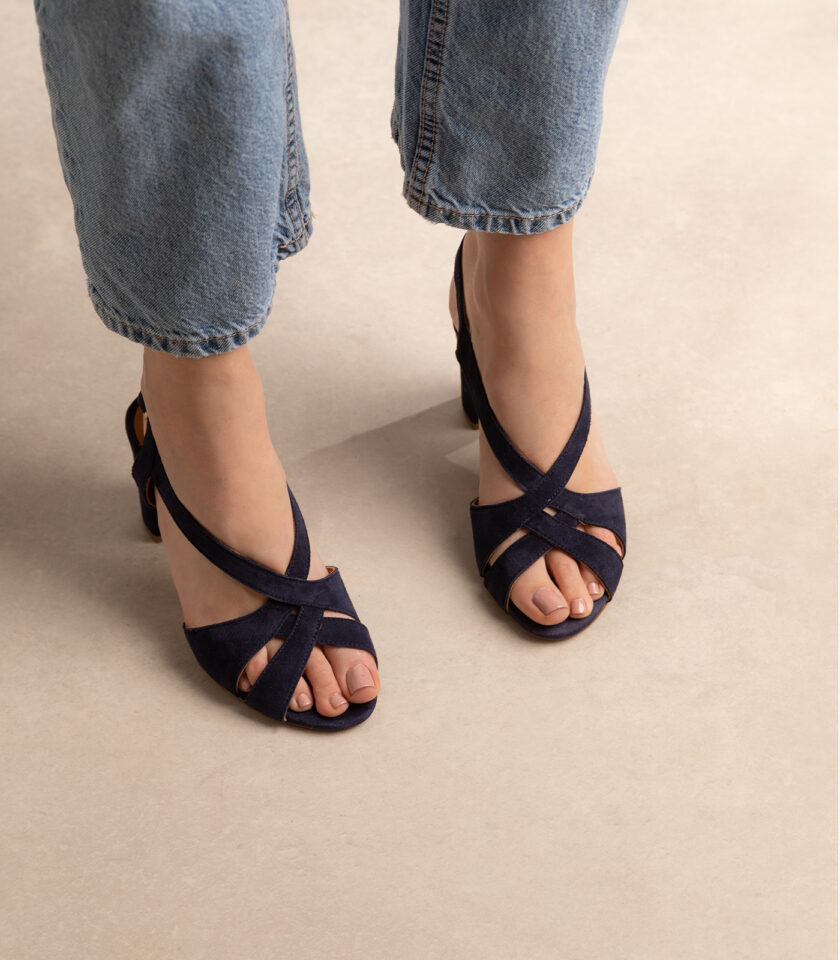 CARRE SANDALES TALON CONFORTABLE MARINE CUIR VELOURS LILLY