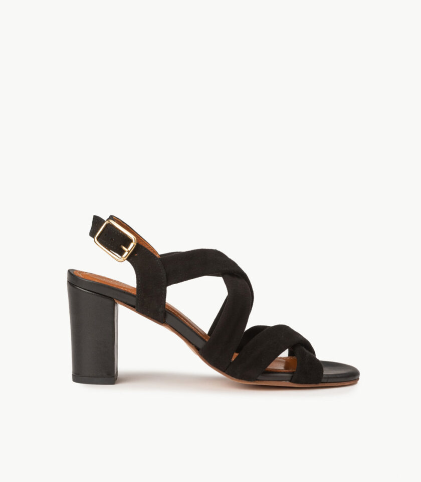 CARRE SANDALES TALON CONFORTABLE NOIR CHEVRE VELOURS CUIR LISSE FLAVIA