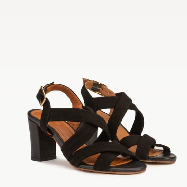 CARRE SANDALES TALON CONFORTABLE NOIR CHEVRE VELOURS CUIR LISSE FLAVIA