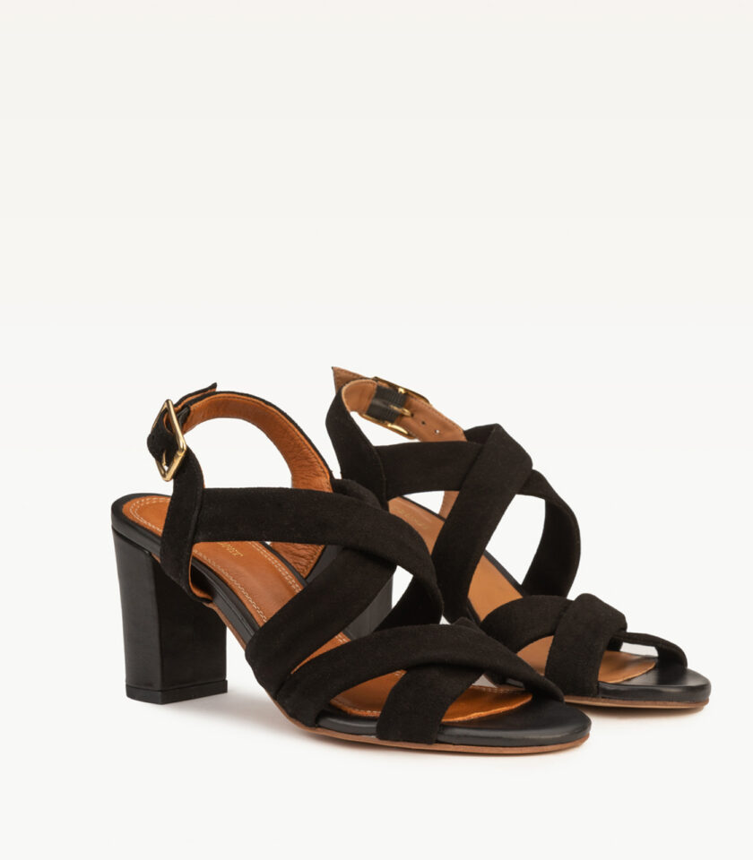 CARRE SANDALES TALON CONFORTABLE NOIR CHEVRE VELOURS CUIR LISSE FLAVIA