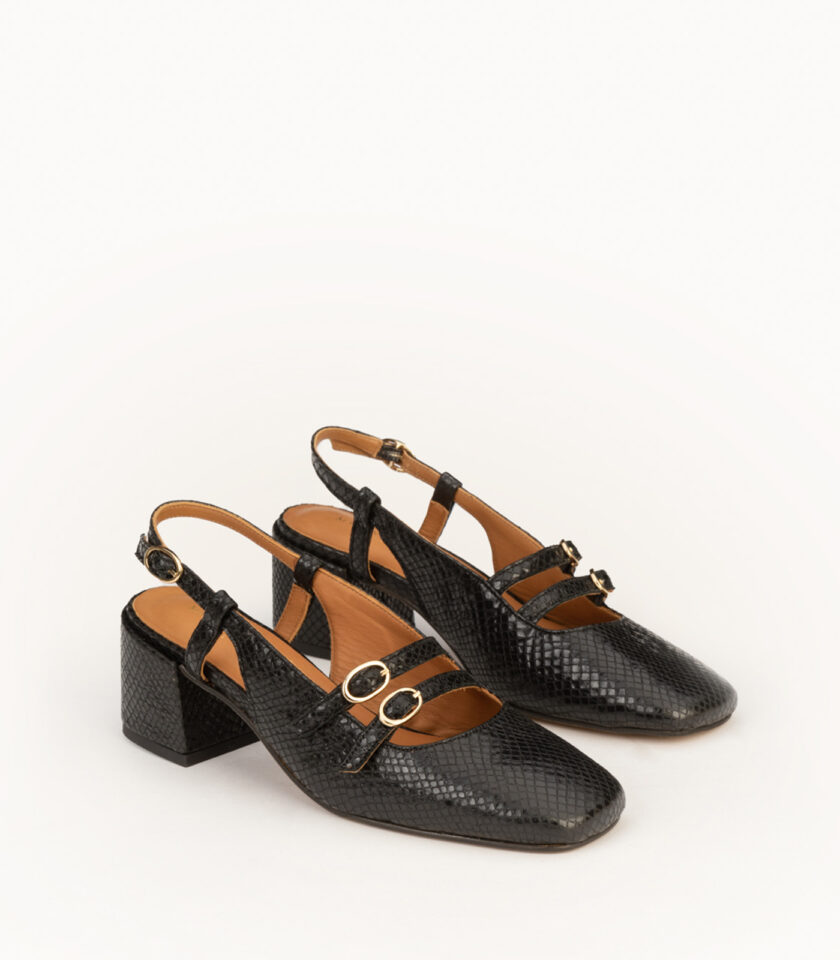 CARRE SANDALES TALON CONFORTABLE NOIR EFFET PYTHON CUIR BÉRÉNICE