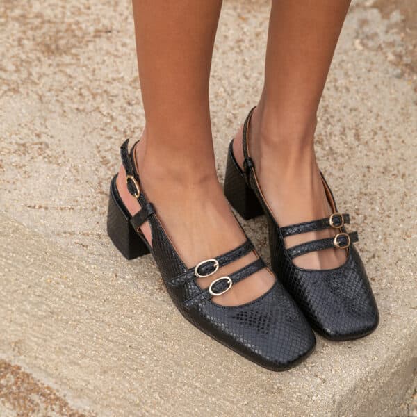CARRE SANDALES TALON CONFORTABLE NOIR EFFET PYTHON CUIR BÉRÉNICE