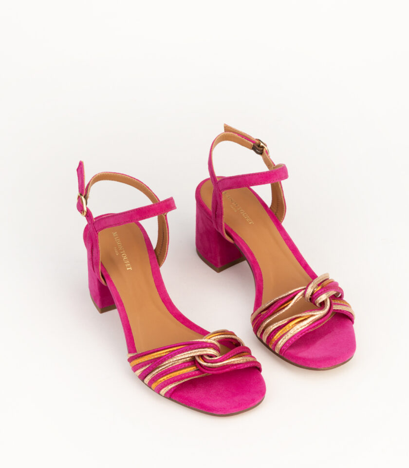 CARRE SANDALES TALON CONFORTABLE ROSE MULTICO CUIR VELOURS MOLLY