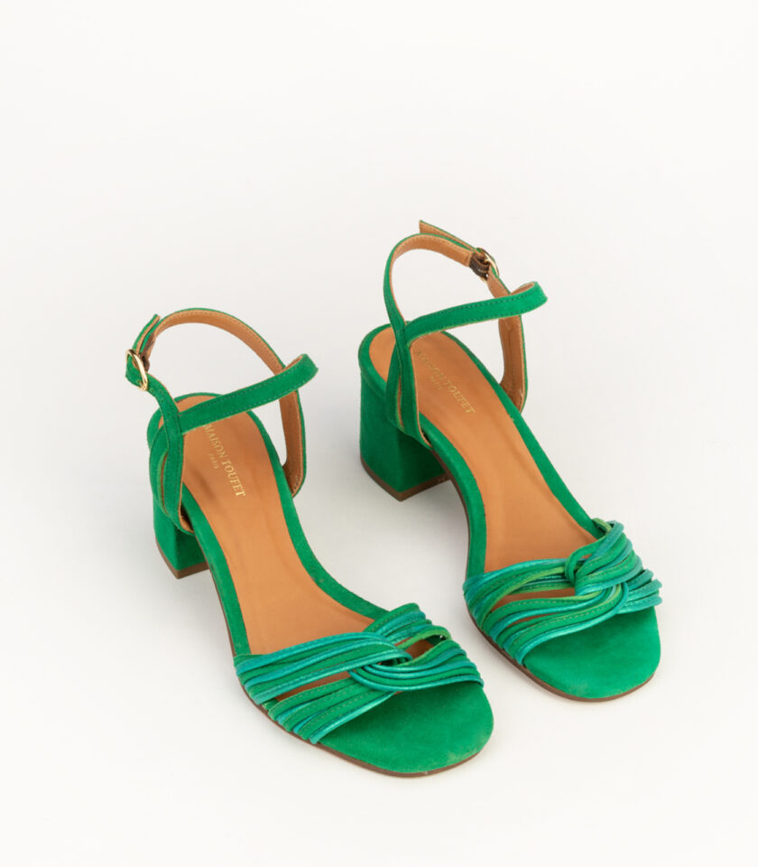 CARRE SANDALES TALON CONFORTABLE VERT MULTICO CUIR VELOURS MOLLY