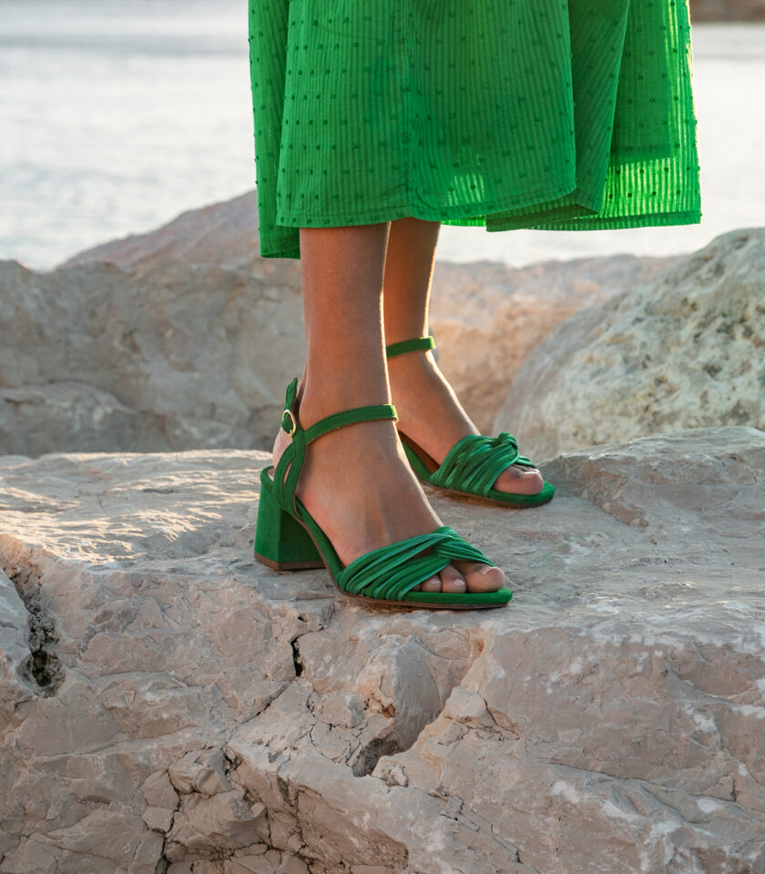 CARRE SANDALES TALON CONFORTABLE VERT MULTICO CUIR VELOURS MOLLY