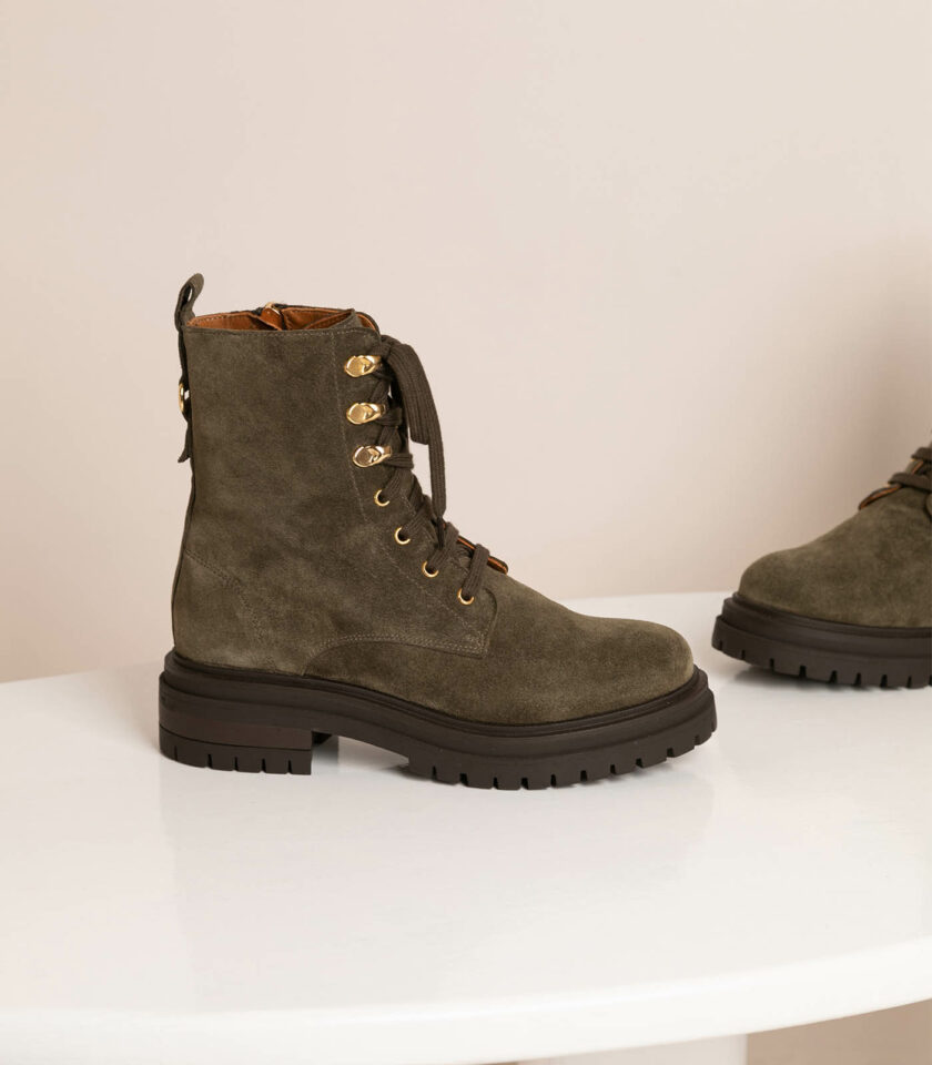 MAISON TOUFET BOTTINES CONFORTABLE KAKI CUIR VELOURS NORA