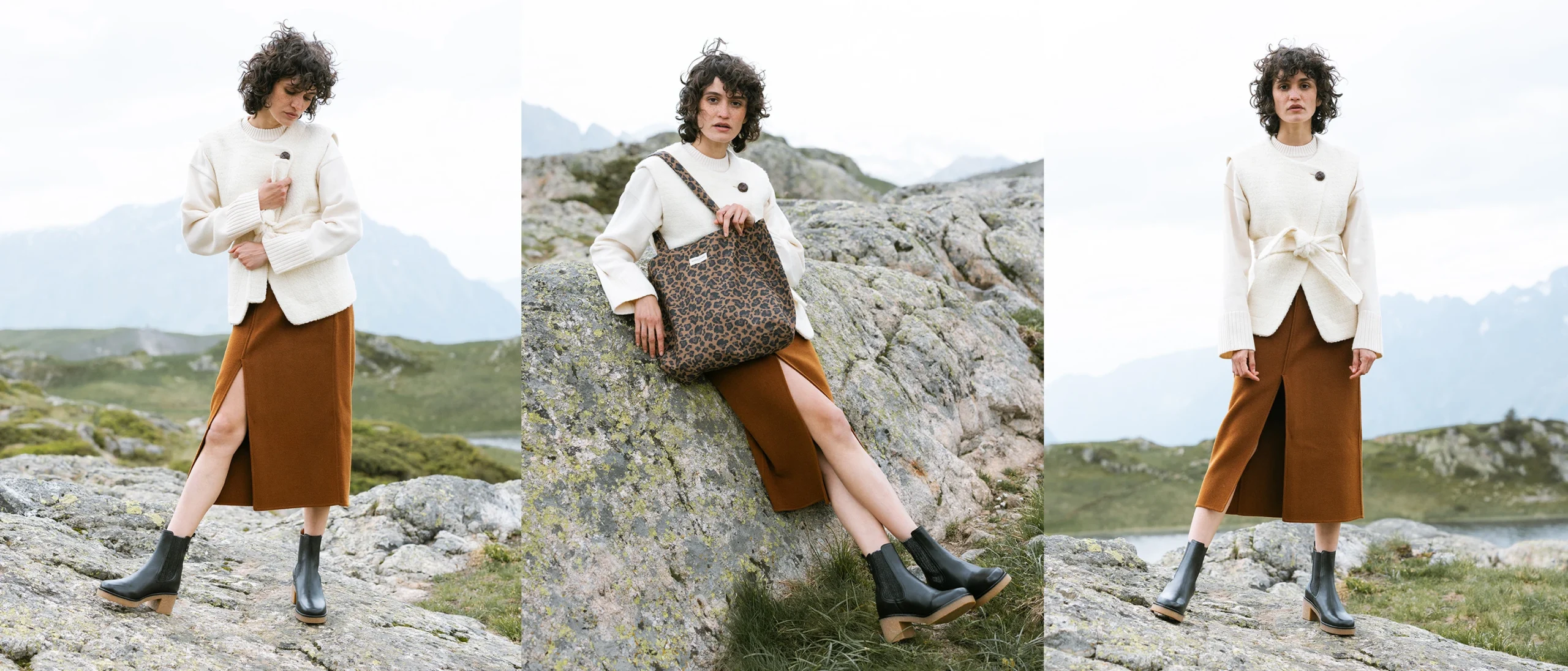 Femme portant bottines noires Maison Toufet, jupe marron et veste blanche