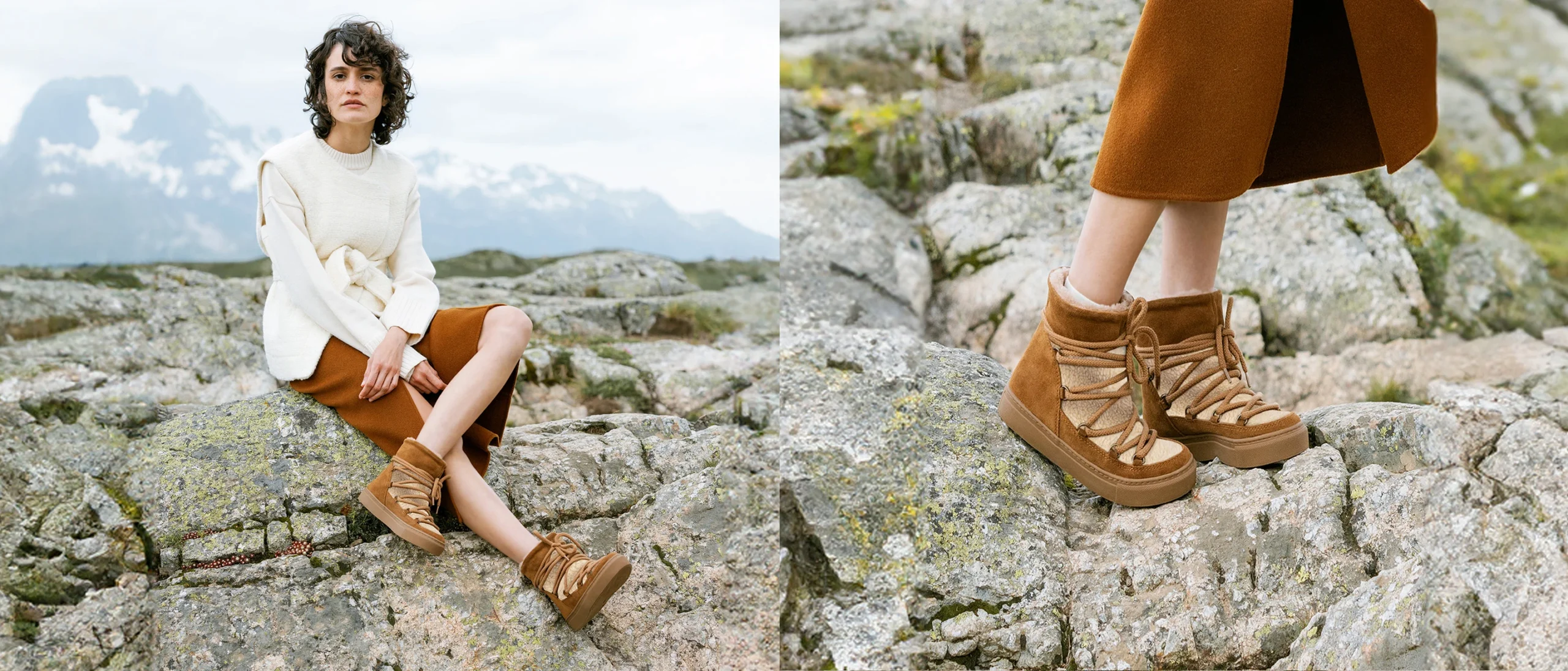 Femme portant bottines noires Maison Toufet, jupe marron et veste blanche