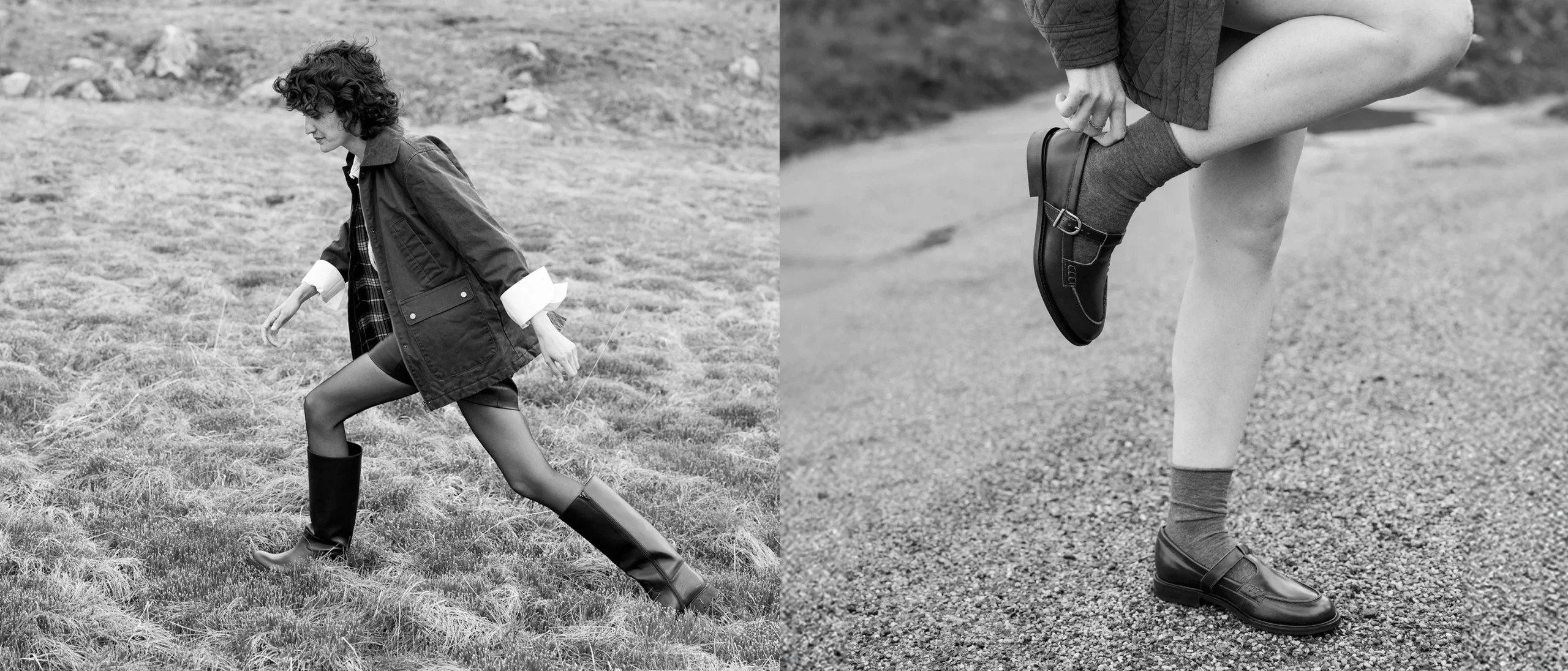 Femme portant bottines noires Maison Toufet, jupe marron et veste blanche