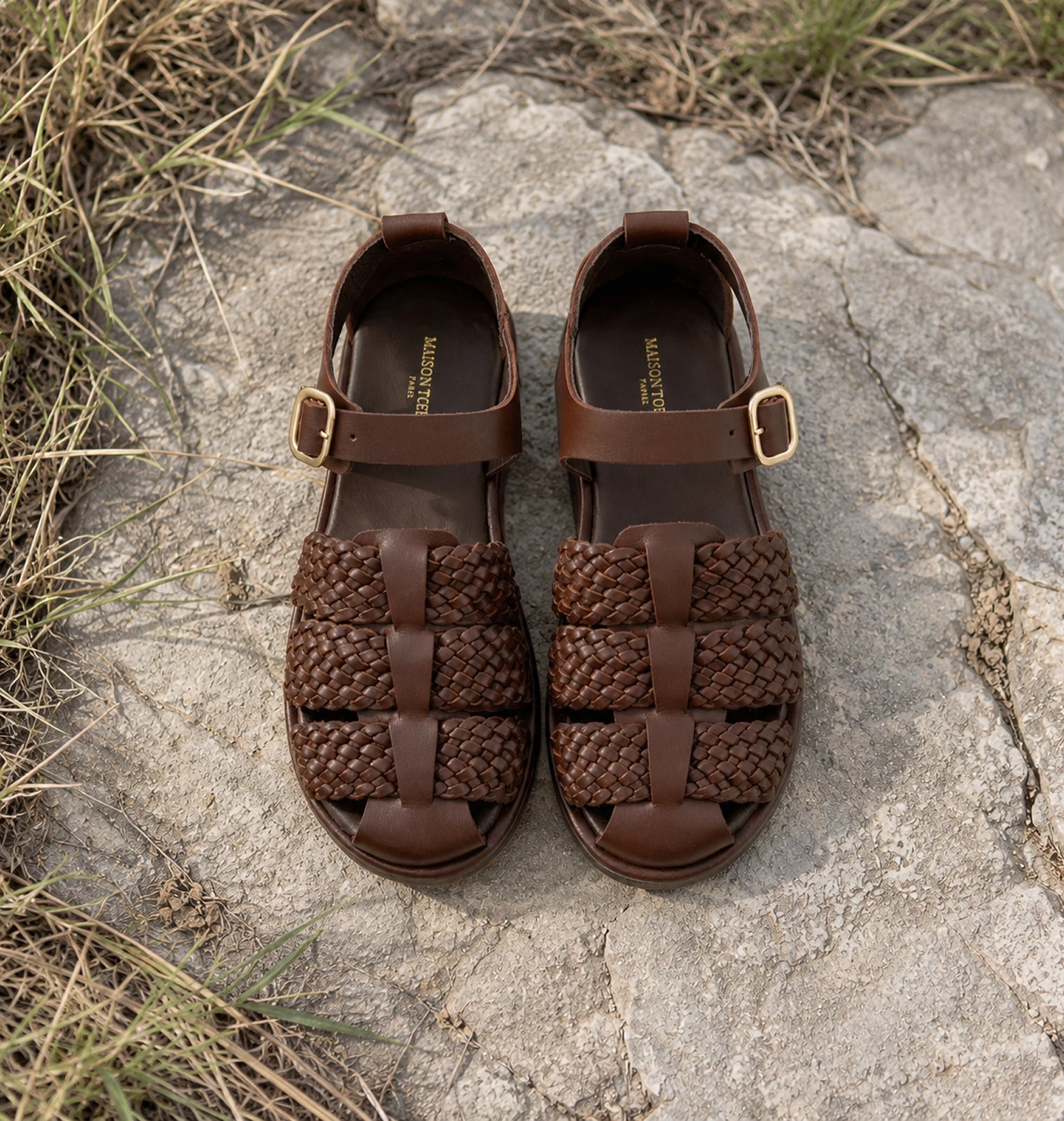 Mocassins camel Maison Toufet portés avec pantalon marron sur balcon